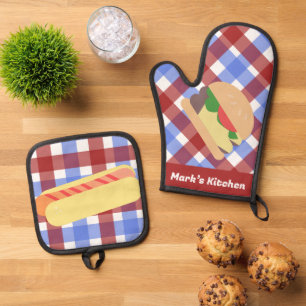Burger Hotdog Koch aus Chef Küche Ofenhandschuh & Topflappen-Set