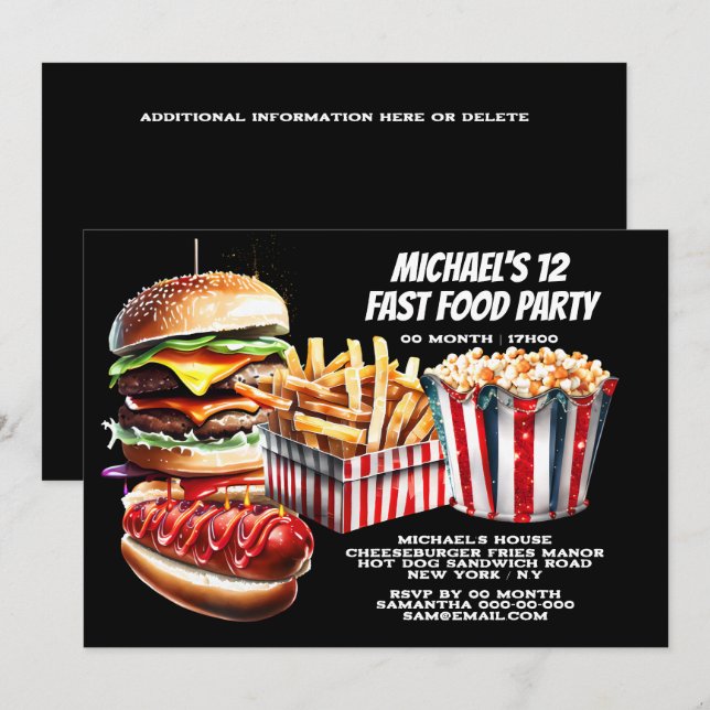 Burger Pommes Frites Hot Dog Fastfood Fasching Par Einladung (Vorne/Hinten)