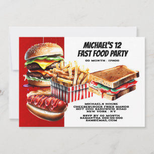 Burger Pommes Hotdog Fast Food Party rot Einladung
