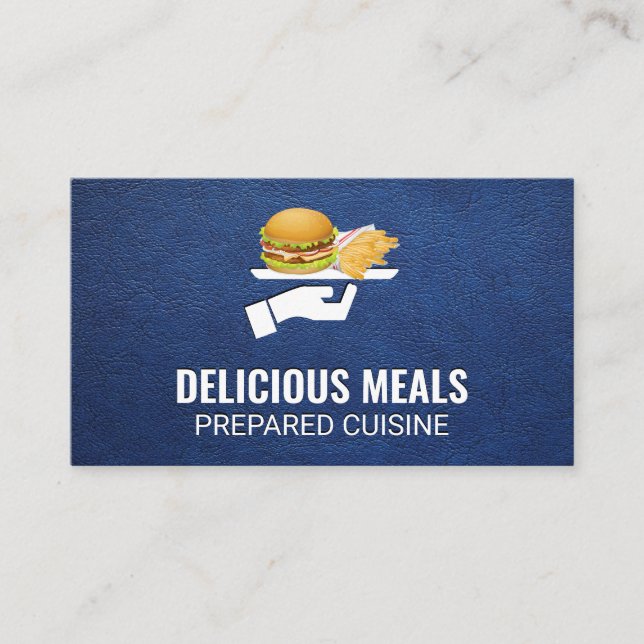 Burger und Fries serviert | Hintergrund für blaues Visitenkarte (Vorderseite)