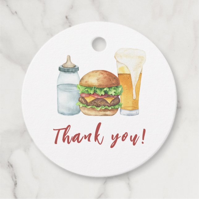 Burgers, Beers Baby Dusche Danke Geschenkanhänger (Vorderseite)