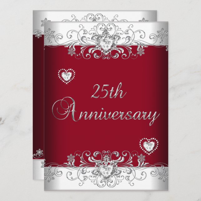 Burgund 25. Hochzeitstag Diamantherzen Einladung (Vorne/Hinten)