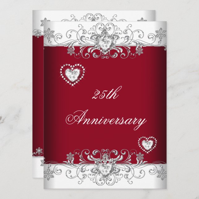 Burgund 25. Hochzeitstag Diamantherzen Einladung (Vorne/Hinten)