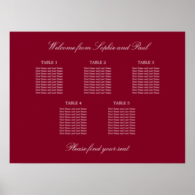 Burgund 5 Tisch Hochzeits-Sitzplan Poster (Vorne)