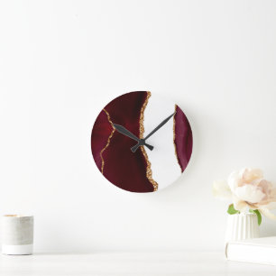 Burgund-Achat mit goldenen Glitteradern Runde Wanduhr