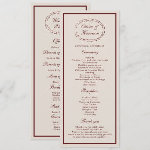 Burgund alte Hochzeitsprogrammkarte im Stil des Ge Einladung