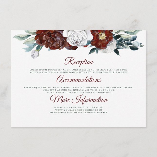 Burgund Aquamarin und White Wedding Information Gu Begleitkarte (Vorderseite)