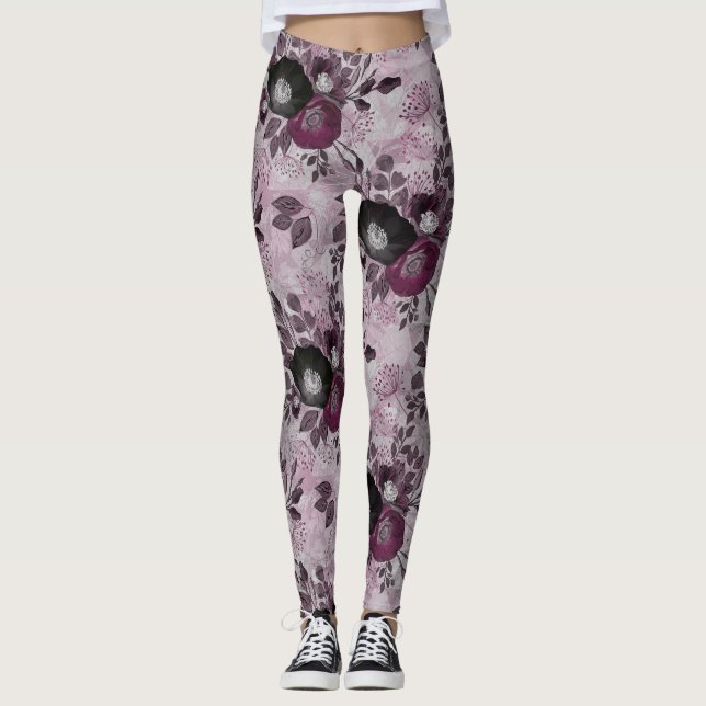 Burgund Aquarell Blume. Leggings (Vorderseite)