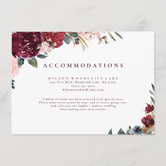 Burgund Aquarell boho Blumenunterkünfte Begleitkarte (Vorderseite)