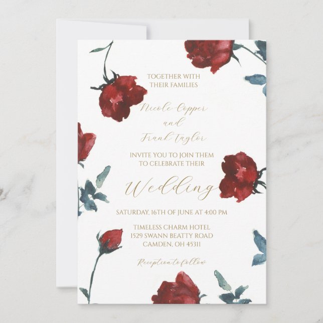 Burgund Aquarell rote Rosen Einladung zur Hochzeit (Vorderseite)