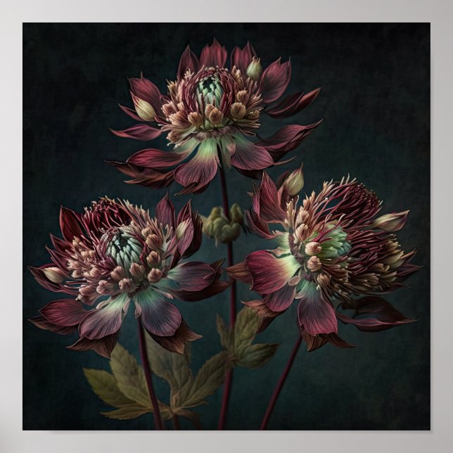 Burgund Astrantia Blume Art Print Poster (Vorne)