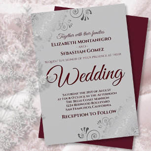Burgund auf Gray mit Lacy Silver Frills Wedding Einladung