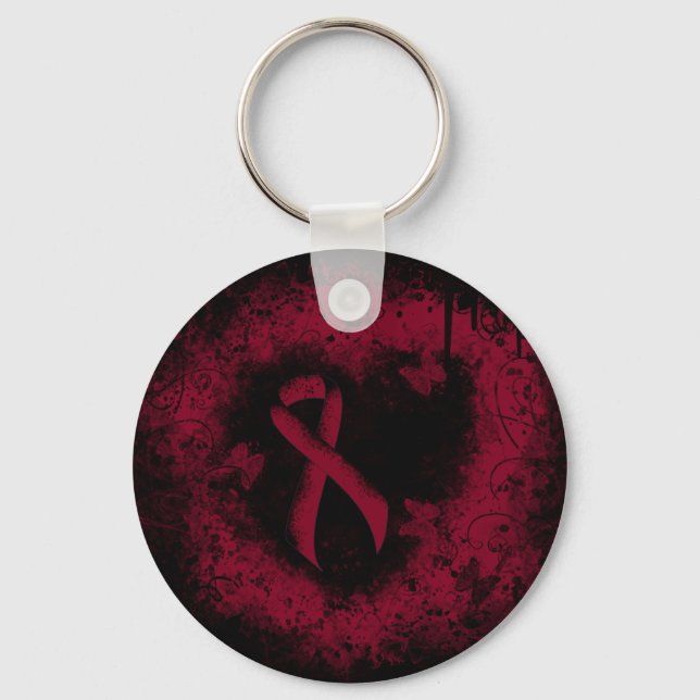 Burgund Awareness Ribbon Grunge Herz Schlüsselanhänger (Vorderseite)