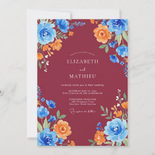 Burgund Azure Orange Gemalte Hochzeit Einladung