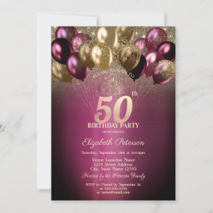 Burgund Balloons Glitzer 50. Geburtstag Einladung