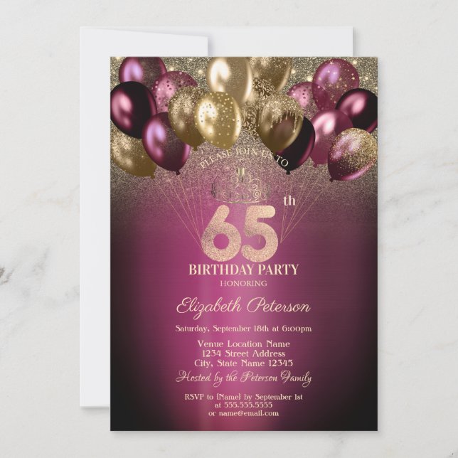 Burgund Balloons Glitzer 65. Geburtstag Einladung (Vorderseite)
