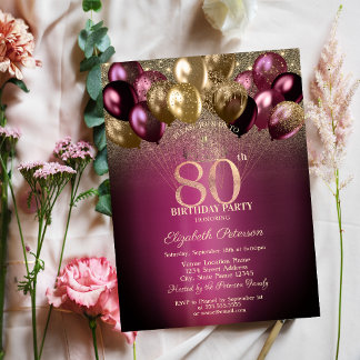 Burgund Balloons Glitzer 80. Geburtstag Einladung