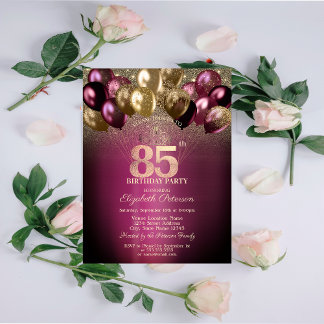 Burgund Balloons Glitzer 85. Geburtstag Einladung