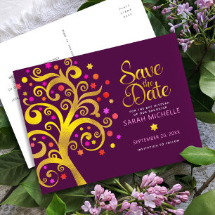 Burgund Bat Mitzvah Rett Datum Gold Tree of Life Einladungspostkarte