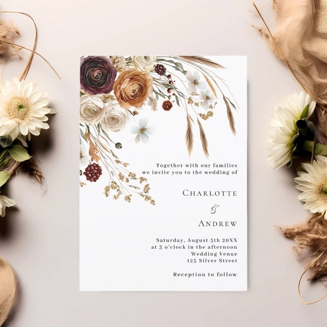 Burgund-Beige-Pampas-Blumenzwiebeln Hochzeit Einladung (Von Creator hochgeladen)