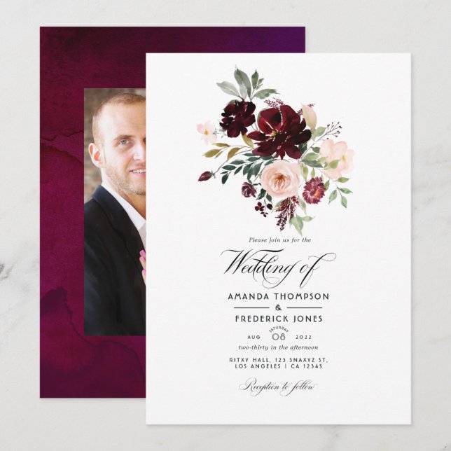 Burgund Berry & Blush Bloral Wedding Foto Einladung (Vorne/Hinten)