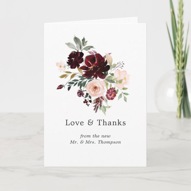 Burgund Berry und Blush Floral Wedding Foto Dankeskarte (Vorderseite)
