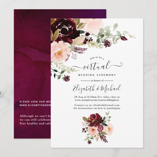 Burgund Berry und Blush Virtual Wedding Einladung (Vorne/Hinten)