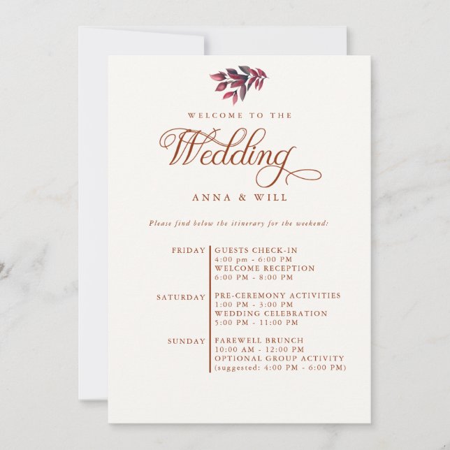Burgund Blätter Elegante Hochzeit im Herbst Einladung (Vorderseite)