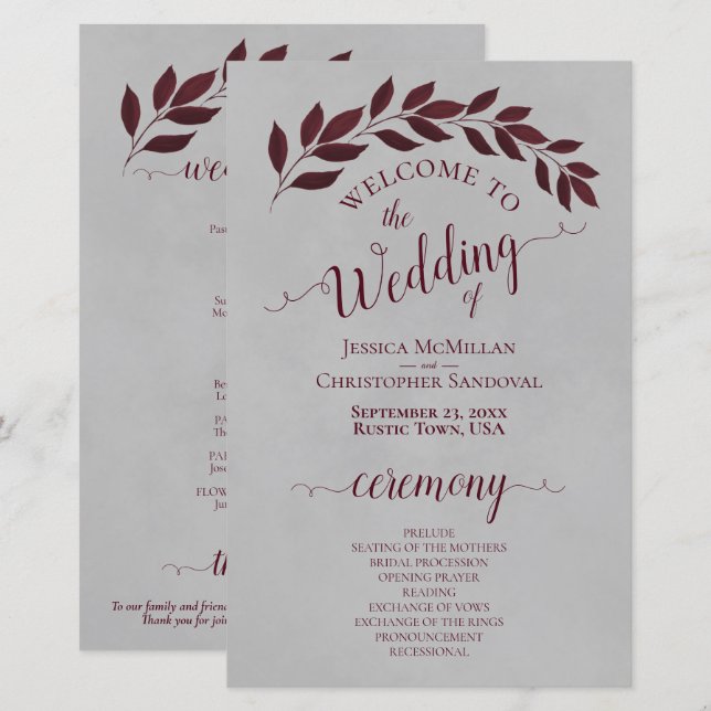 Burgund-Blätter über das Hochzeitsprogramm für Gra (Vorne/Hinten)
