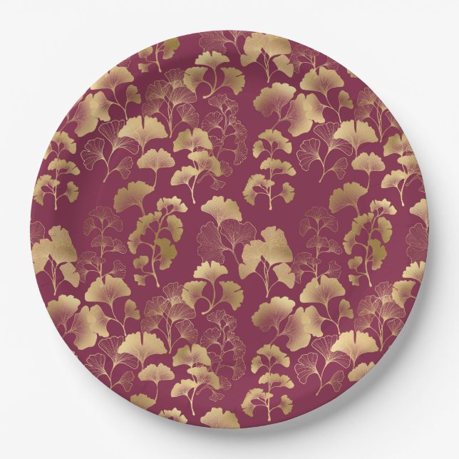 Burgund Blattgold-Muster Pappteller (Vorderseite)