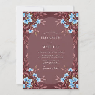 Burgund Blau Blüten Romantische Hochzeit Einladung