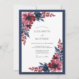 Burgund Blau Florale Romanze Hochzeit Einladung