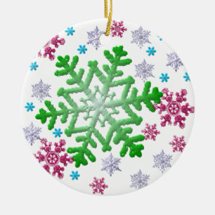 Burgund Blau Grün & Silber Schneeflocken Keramik Ornament