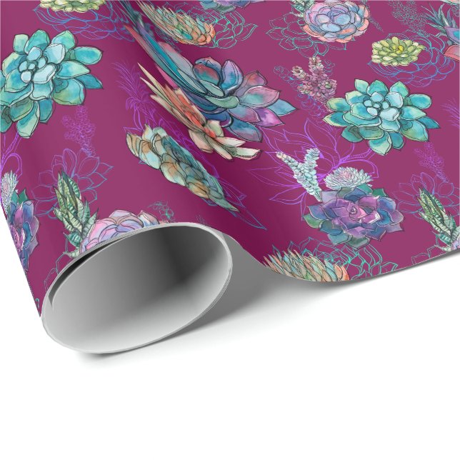 *~* Burgund Blau-grünes, Sukkuläres Muster Geschenkpapier (Rolleneckpunkt)