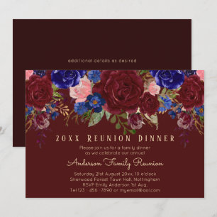 Burgund-Blau-Rosa-Rosen-Blumen-Familientreffen Einladung