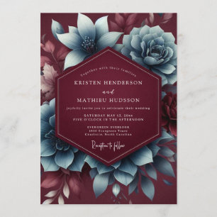 Burgund & Blaue Schwermütige Blütenhochzeit Einladung