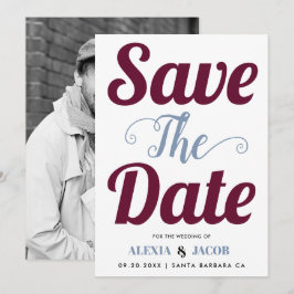 Burgund, blaue Typografie und Foto auf der Rücksei Save The Date