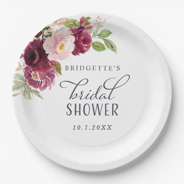 Burgund Bloom Floral Brautparty Teller (Vorderseite)