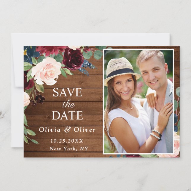 Burgund Blue Blush Rustikales FOTO Blumenhochzeit Save The Date (Vorderseite)