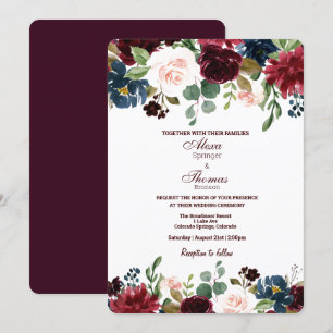 Burgund & Blue English Blume Hochzeit Einladung