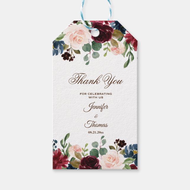 Burgund & Blue English Blume Hochzeit Geschenkanhänger (Vorderseite)