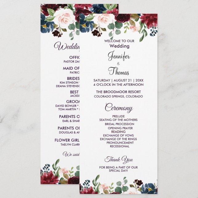 Burgund & Blue English Blume Hochzeit Programm (Vorne/Hinten)