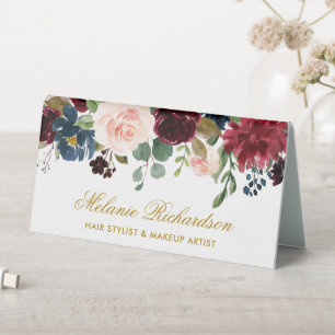 Burgund Blue Floral Gold Name Zeichen Tischaufsteller