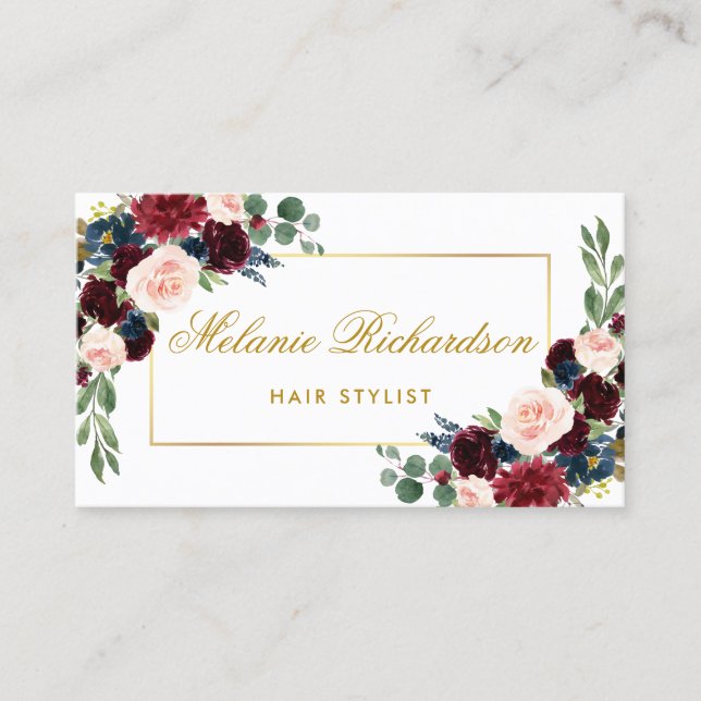 Burgund Blue Floral Hair Stylist Ernennung Karte (Vorderseite)