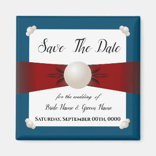 Burgund & Blue Pearl Ribbon Foto Save the Date Magnet