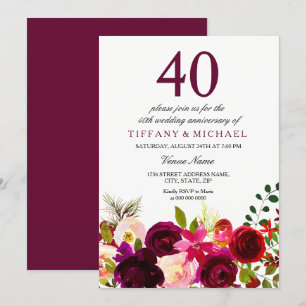 Burgund Blume 40. Hochzeitstag Einladung