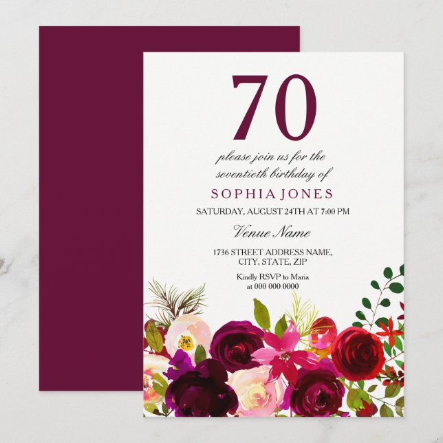 Burgund Blume 70. Geburtstagsparty Einladung (Vorne/Hinten)