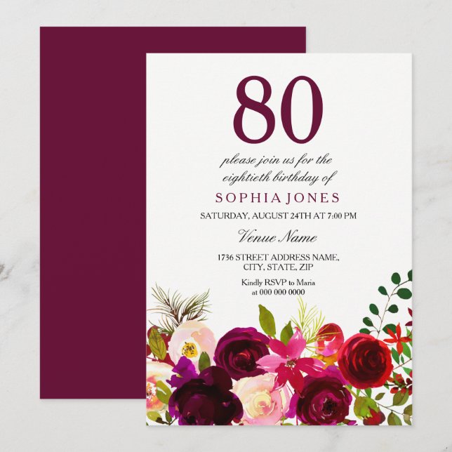 Burgund Blume 80. Geburtstagsparty Einladung (Vorne/Hinten)