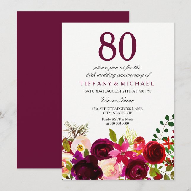 Burgund Blume 80. Hochzeitstag Einladung (Vorne/Hinten)