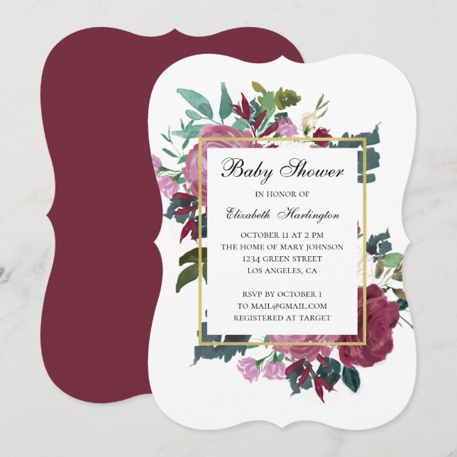Burgund Blume Babydusche. Maroon-Einladung Einladung (Vorne/Hinten)